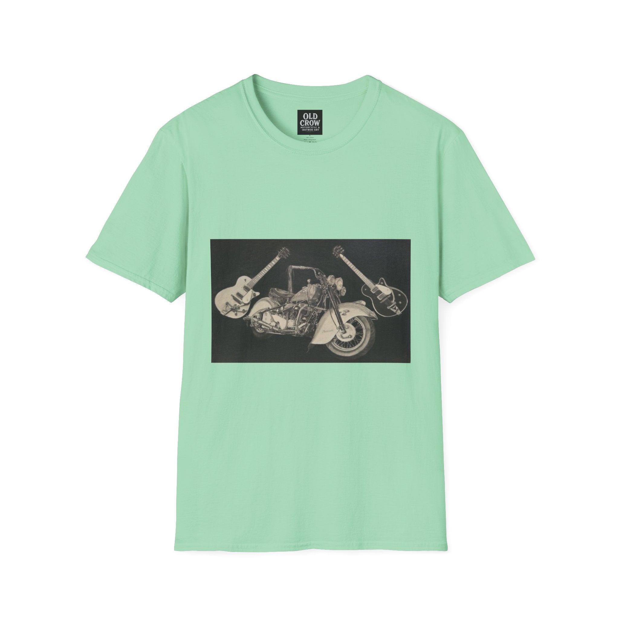 Motorcycle and Music Wall Art  T-Shirt, Indian Roadmaster, Classic Guitars