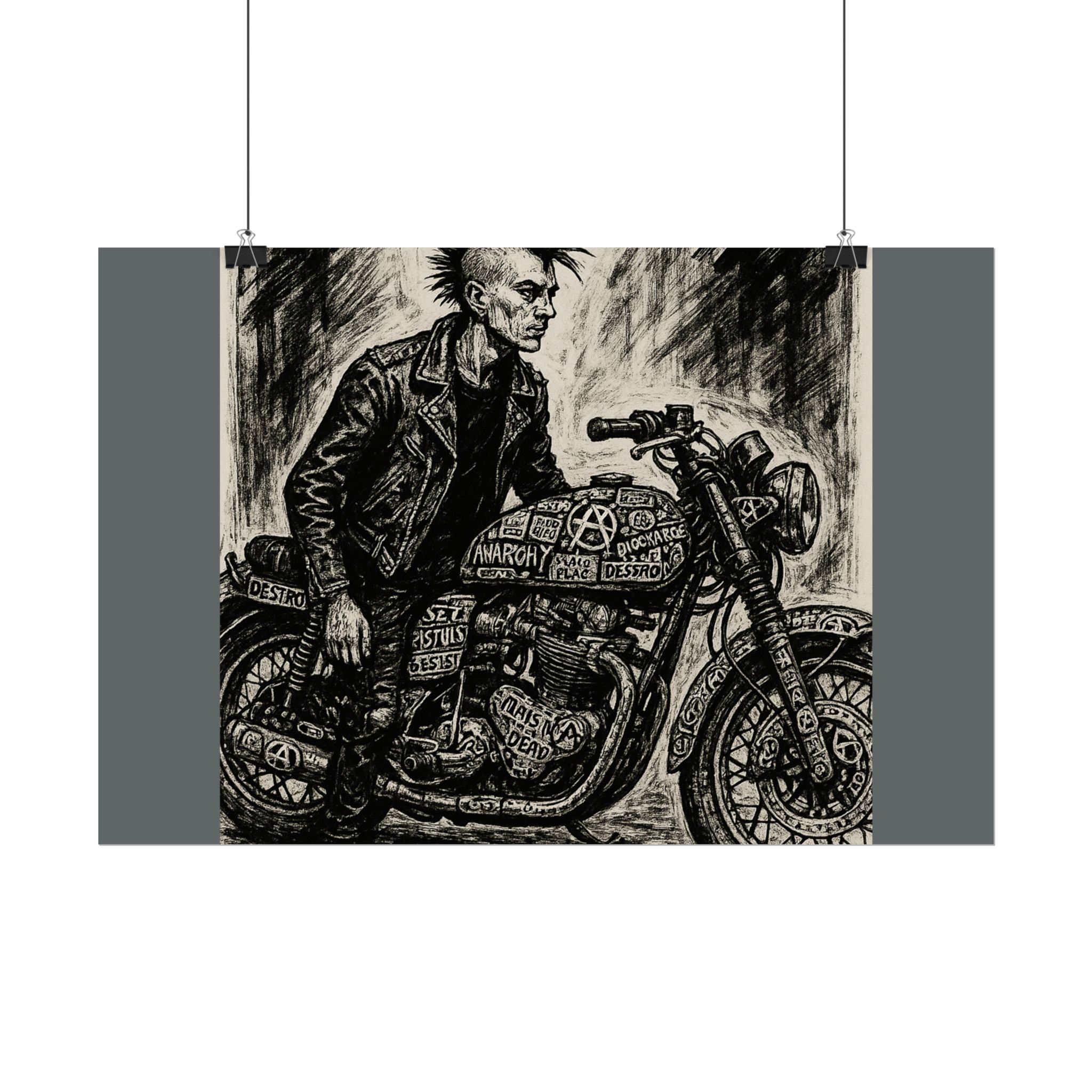 Punk Motorcycle Art Poster, Vintage Wall Decor