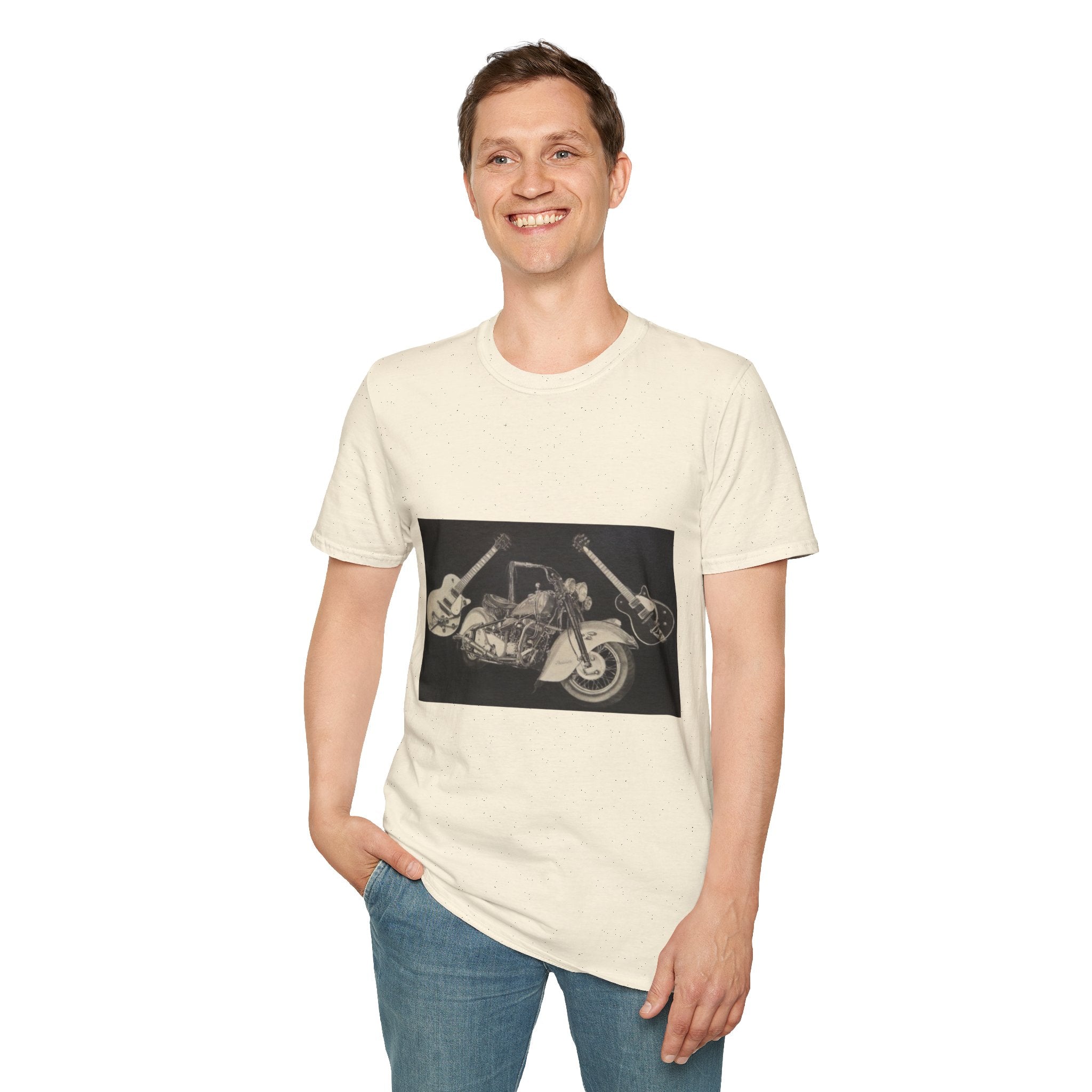 Motorcycle and Music Wall Art  T-Shirt, Indian Roadmaster, Classic Guitars