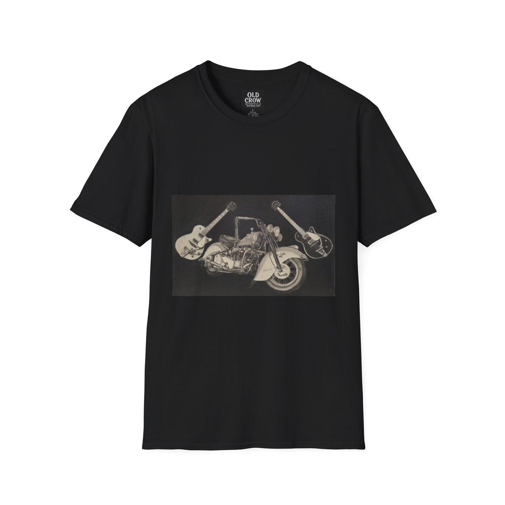 Motorcycle and Music Wall Art  T-Shirt, Indian Roadmaster, Classic Guitars