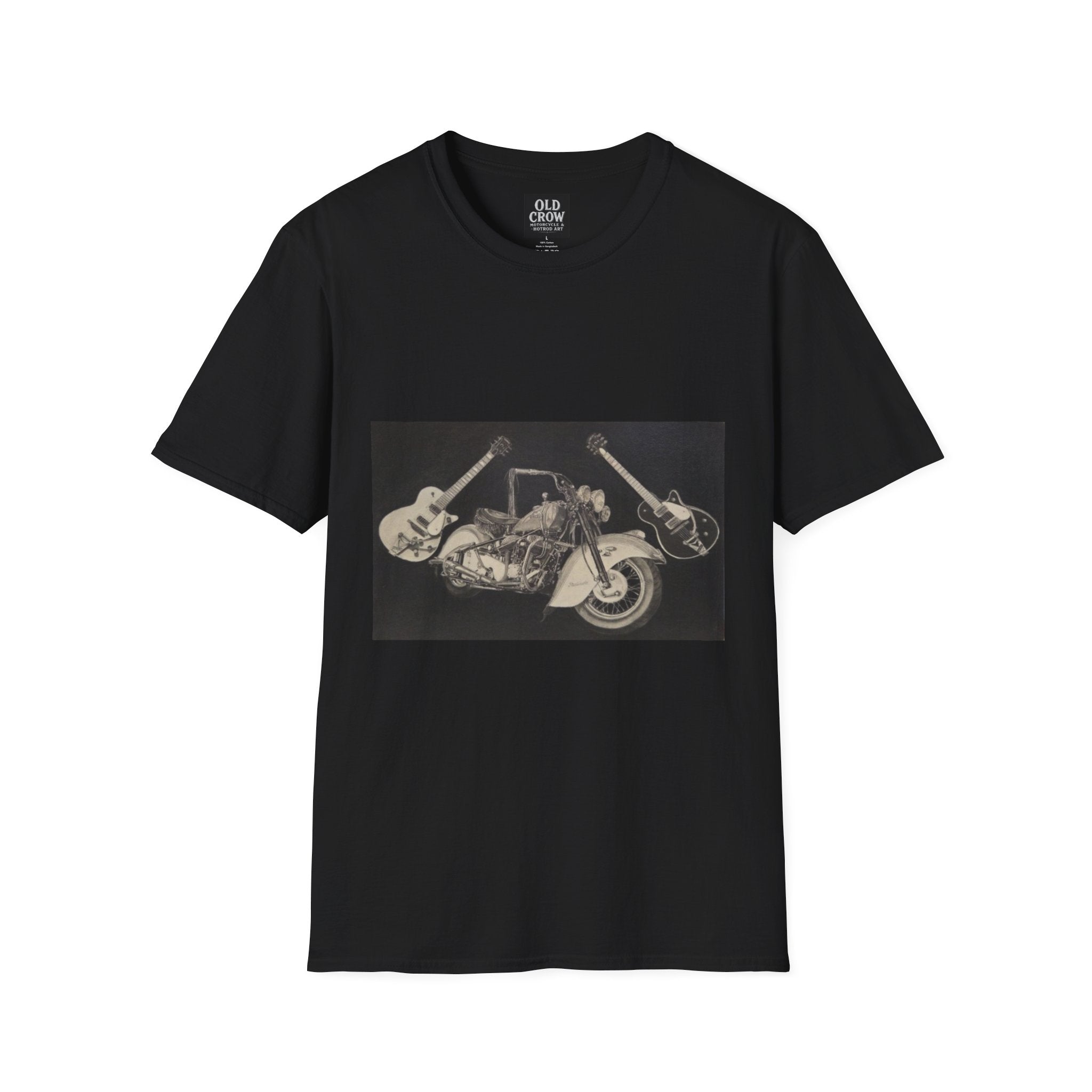 Motorcycle and Music Wall Art  T-Shirt, Indian Roadmaster, Classic Guitars