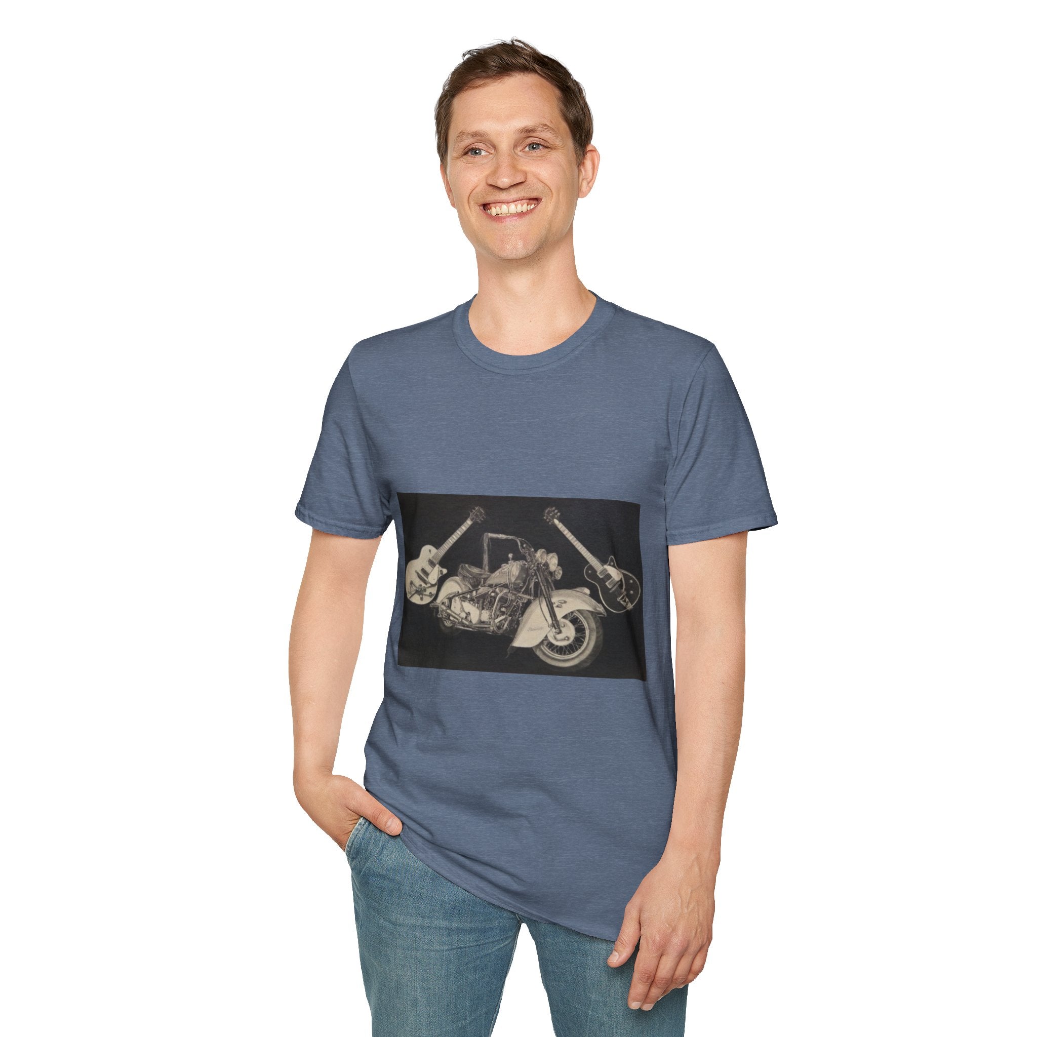 Motorcycle and Music Wall Art  T-Shirt, Indian Roadmaster, Classic Guitars