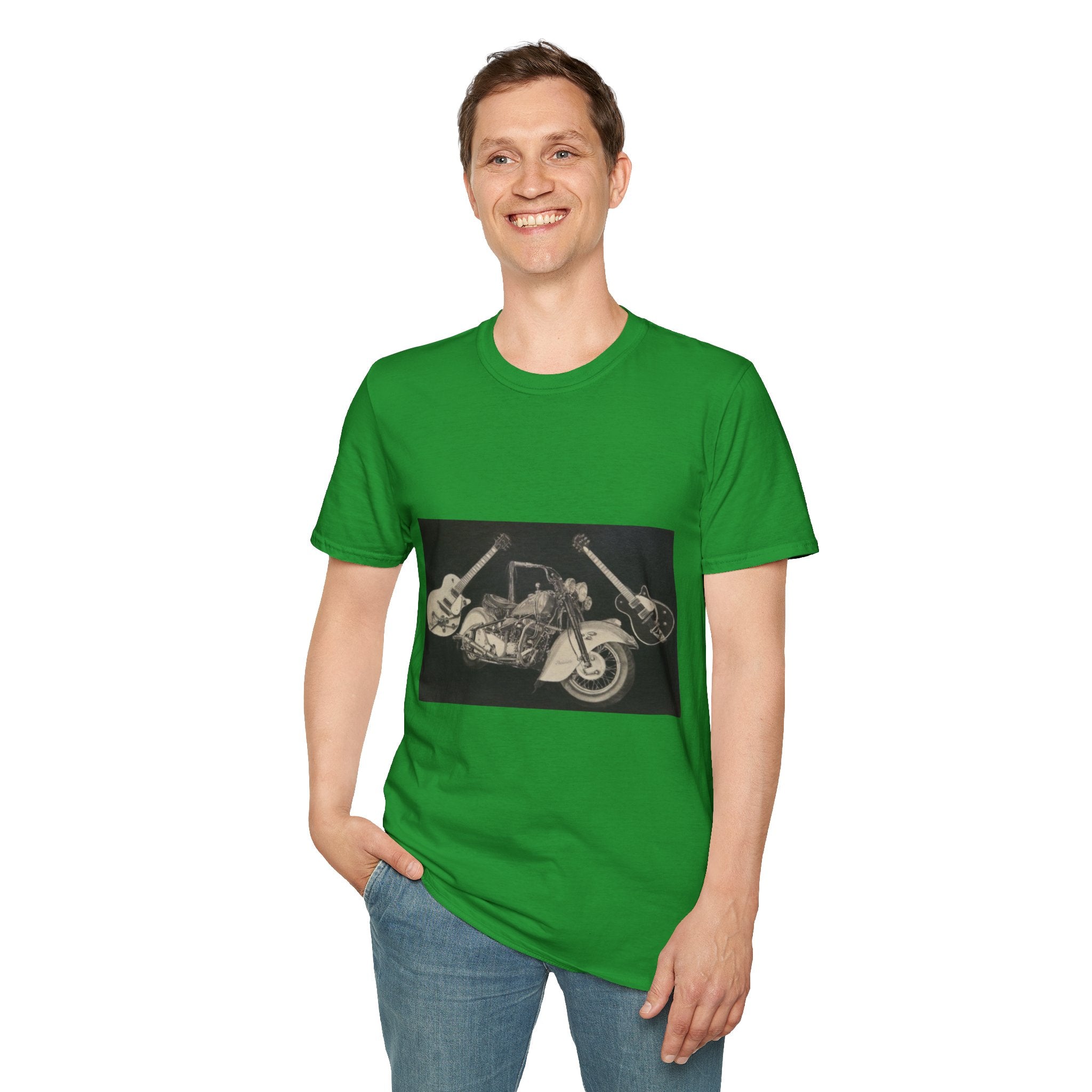 Motorcycle and Music Wall Art  T-Shirt, Indian Roadmaster, Classic Guitars
