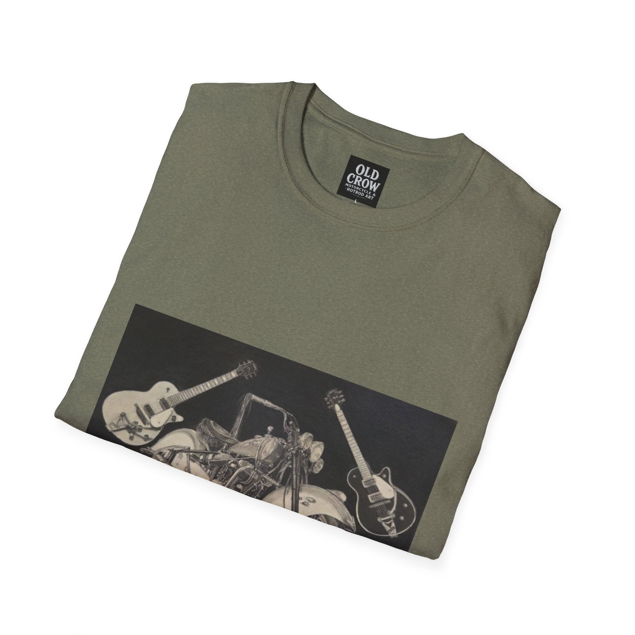 Motorcycle and Music Wall Art  T-Shirt, Indian Roadmaster, Classic Guitars