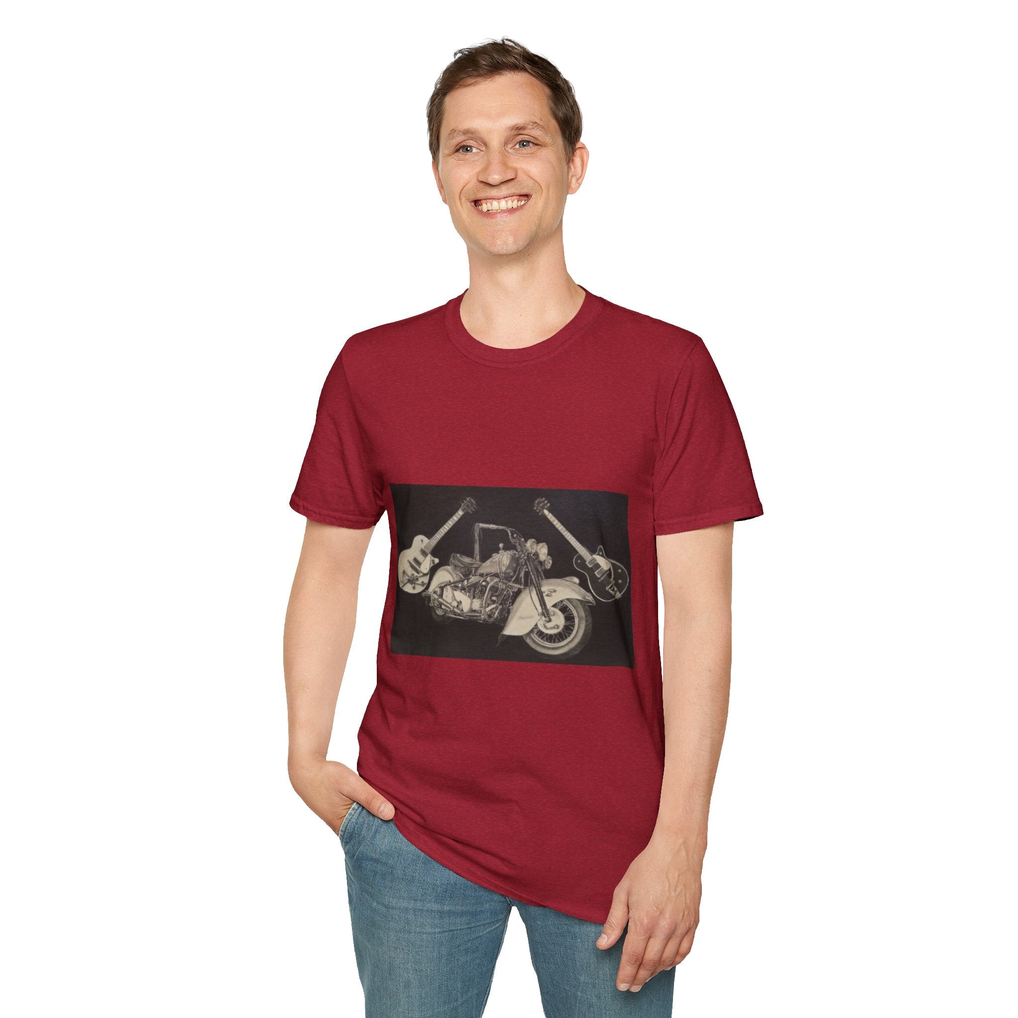 Motorcycle and Music Wall Art  T-Shirt, Indian Roadmaster, Classic Guitars