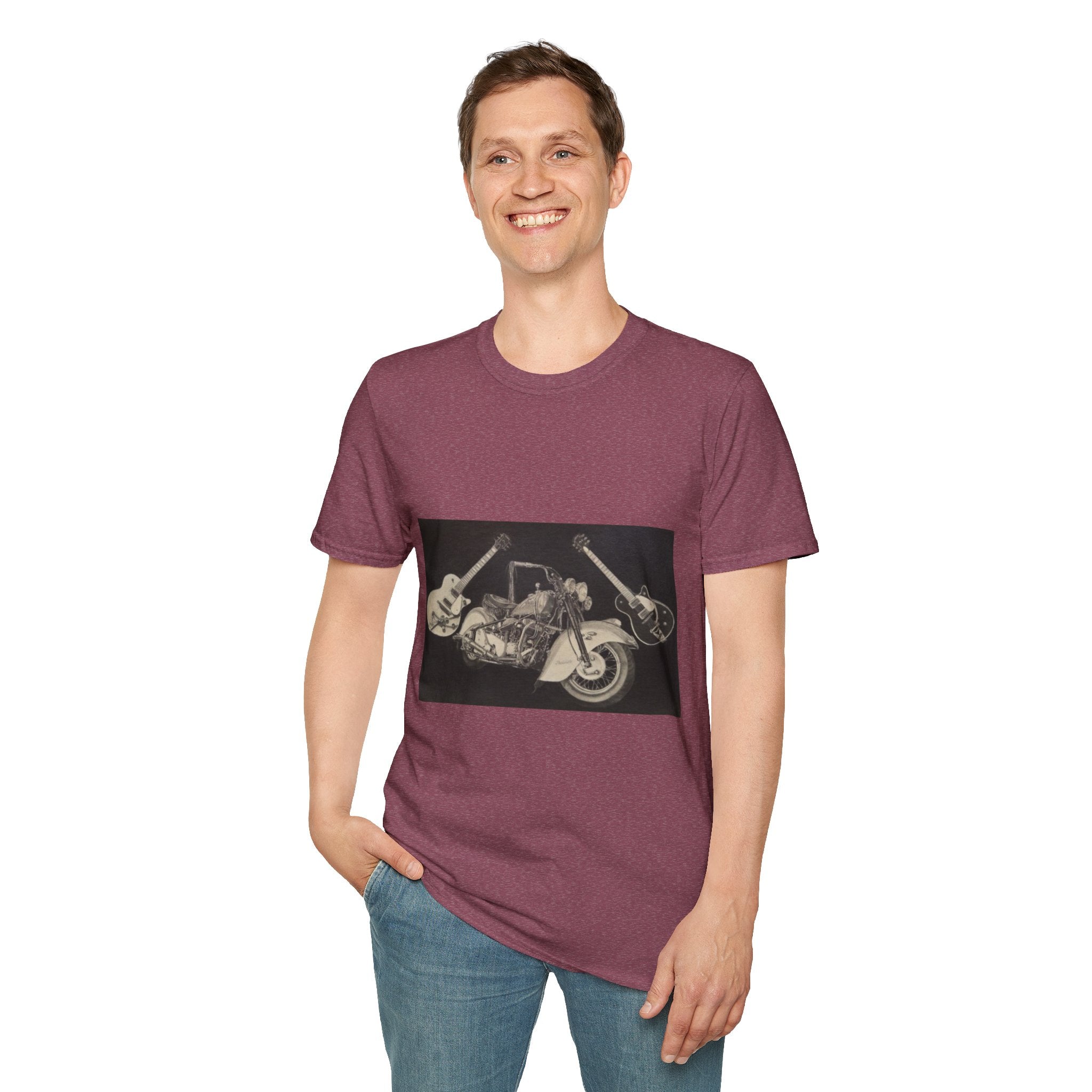 Motorcycle and Music Wall Art  T-Shirt, Indian Roadmaster, Classic Guitars