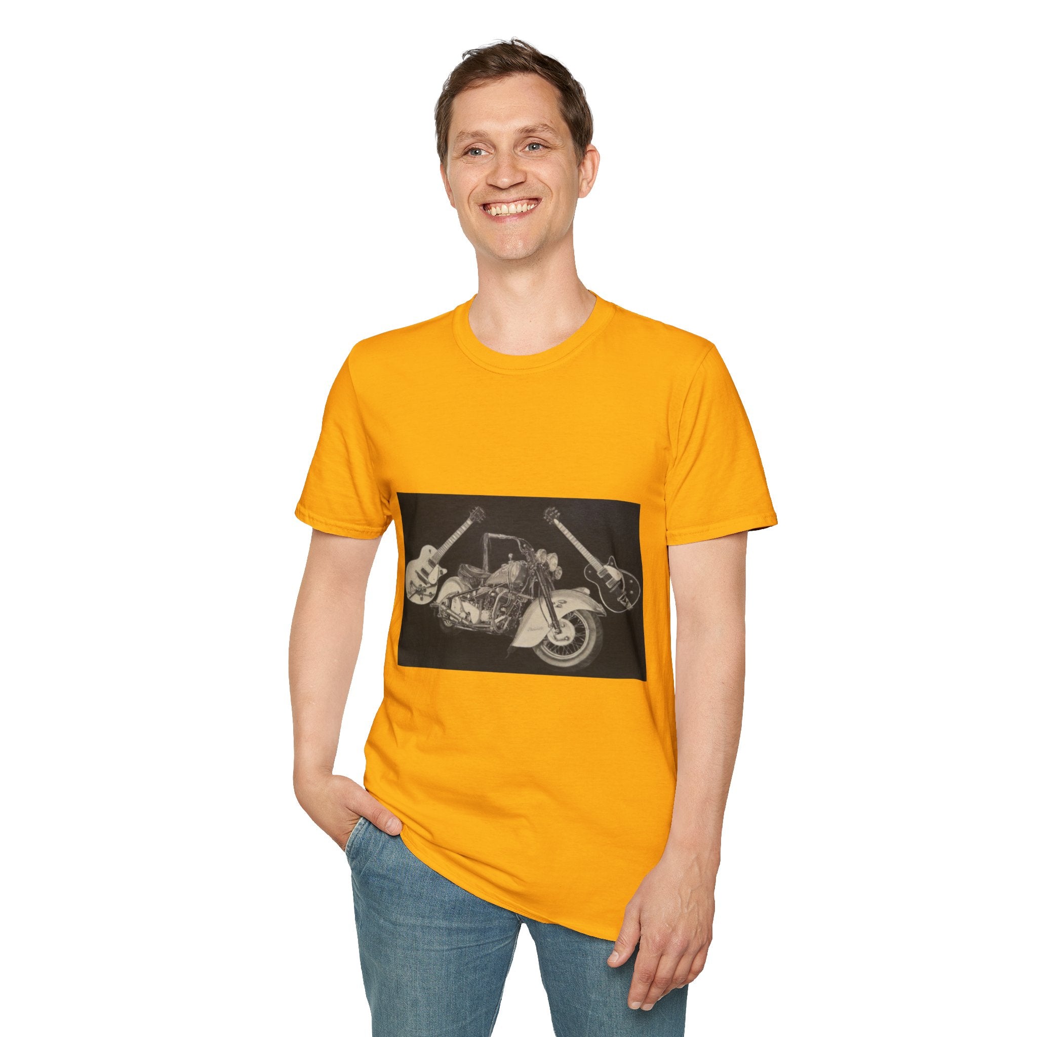 Motorcycle and Music Wall Art  T-Shirt, Indian Roadmaster, Classic Guitars