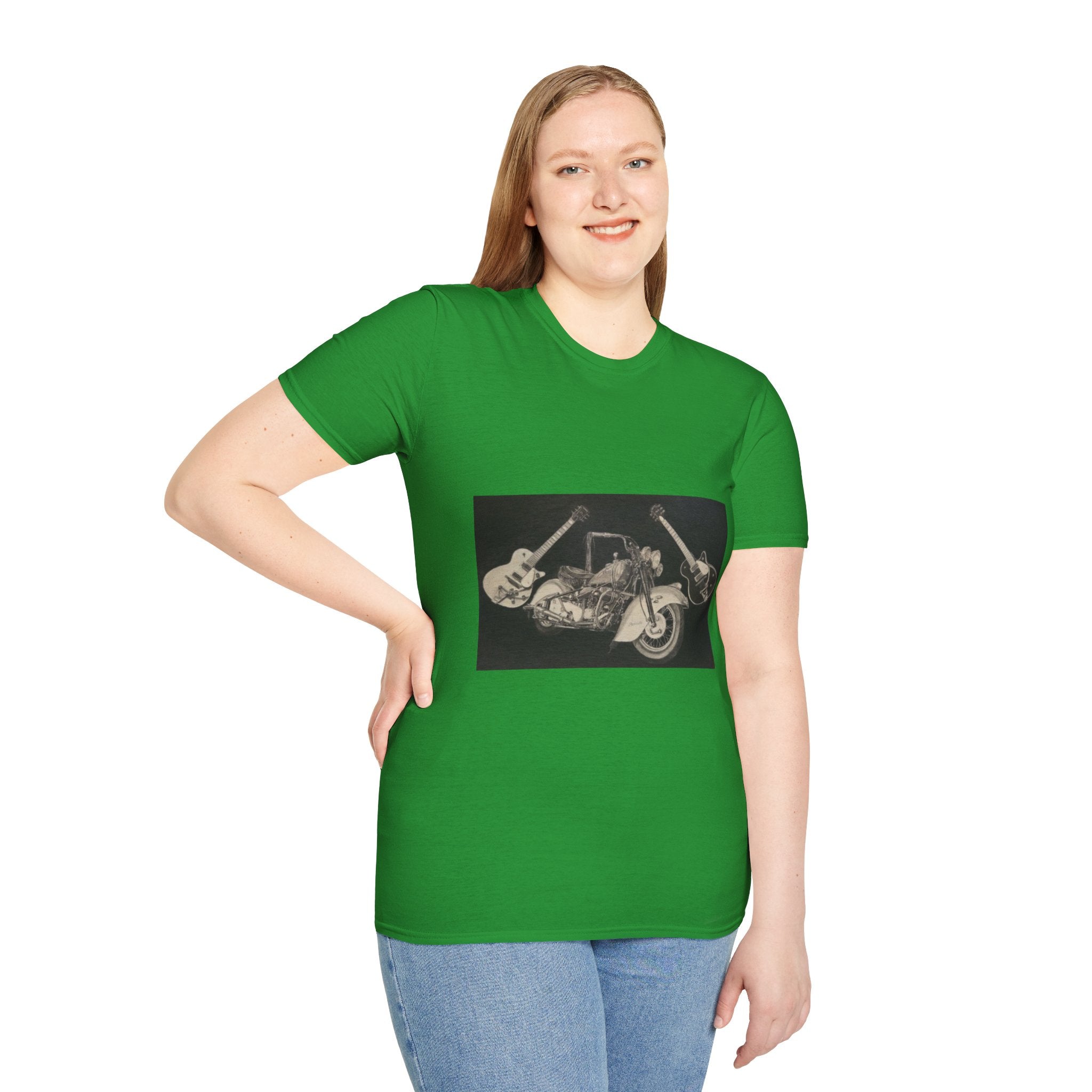Motorcycle and Music Wall Art  T-Shirt, Indian Roadmaster, Classic Guitars