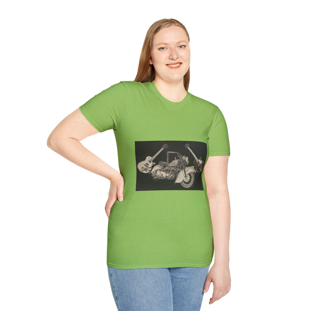 Motorcycle and Music Wall Art  T-Shirt, Indian Roadmaster, Classic Guitars