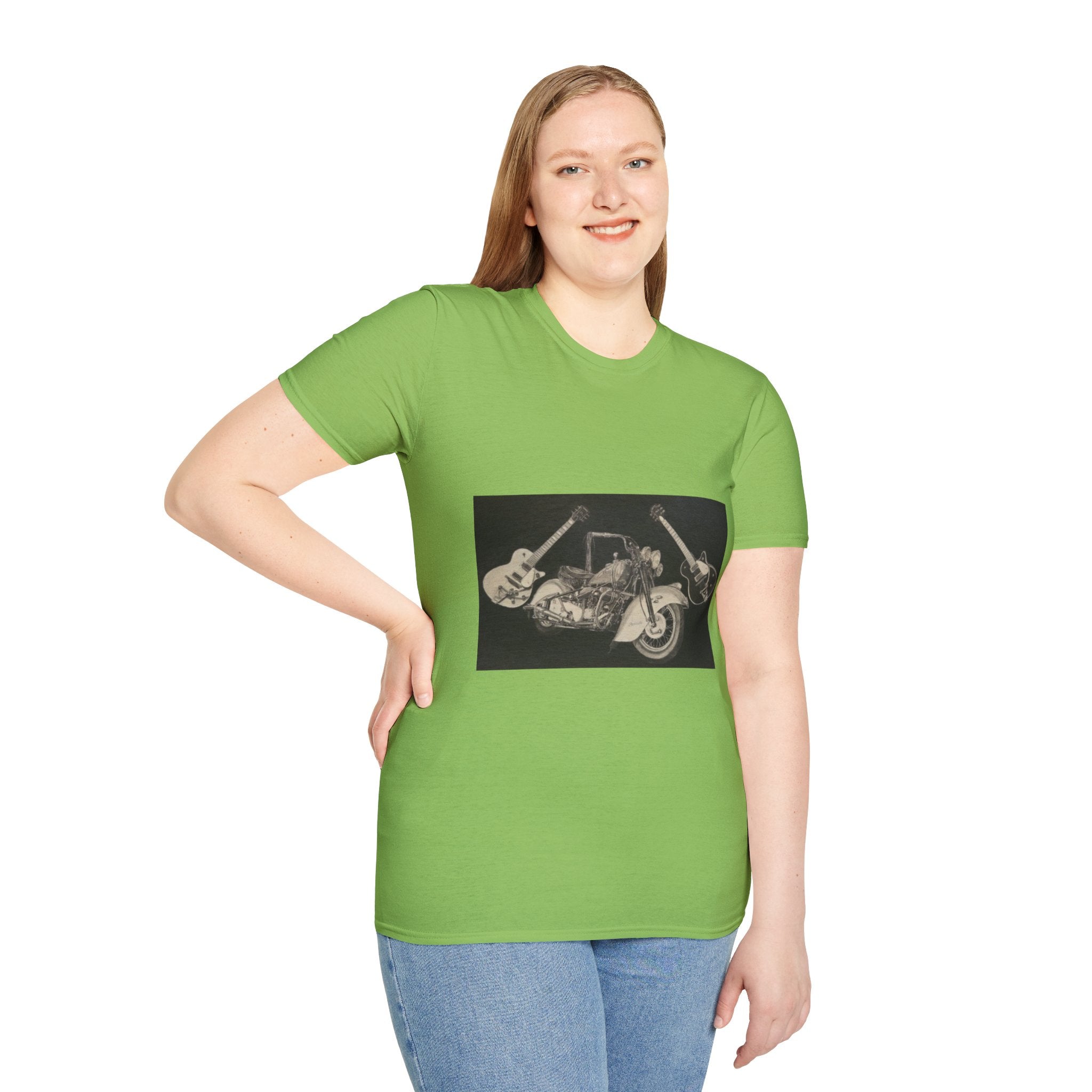 Motorcycle and Music Wall Art  T-Shirt, Indian Roadmaster, Classic Guitars