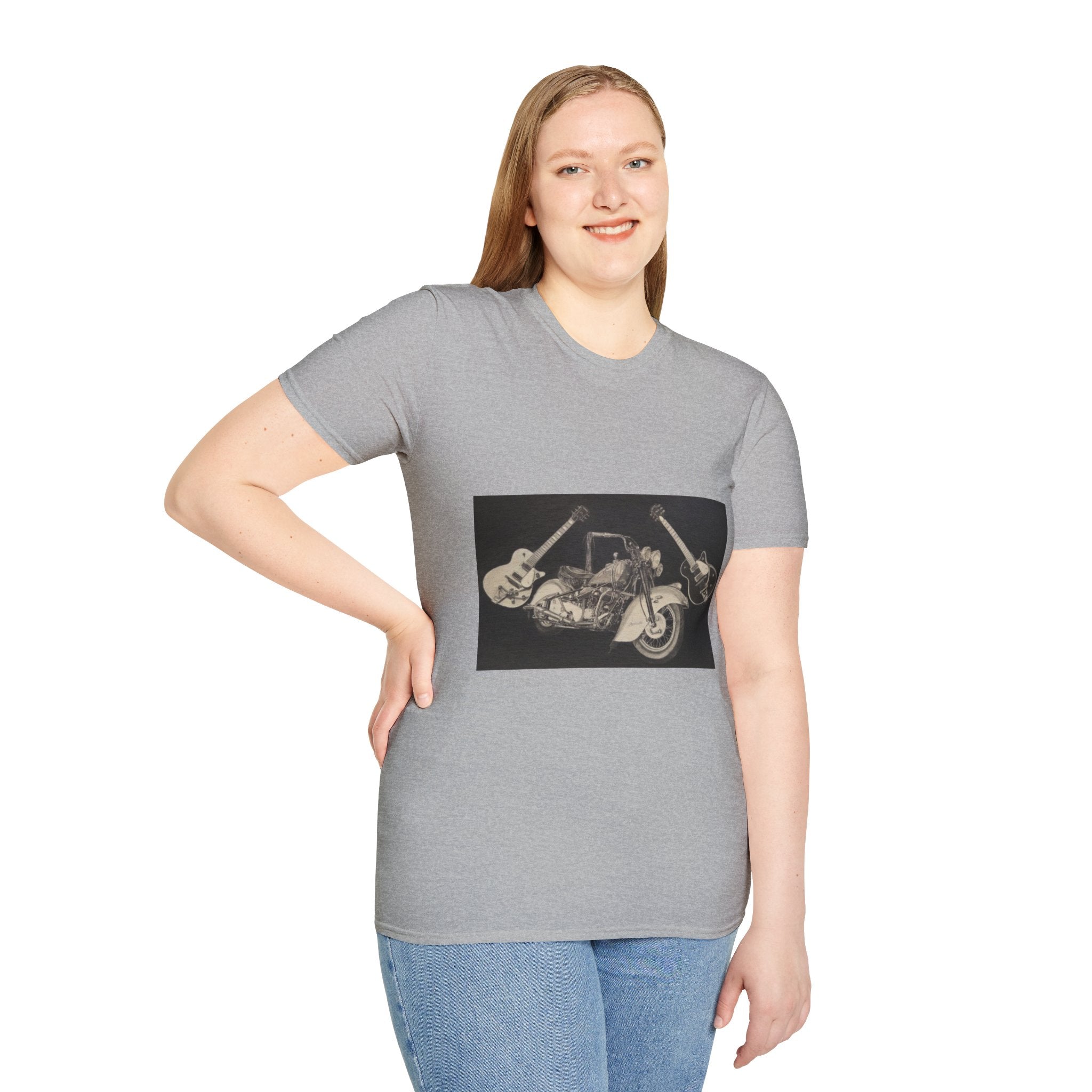 Motorcycle and Music Wall Art  T-Shirt, Indian Roadmaster, Classic Guitars