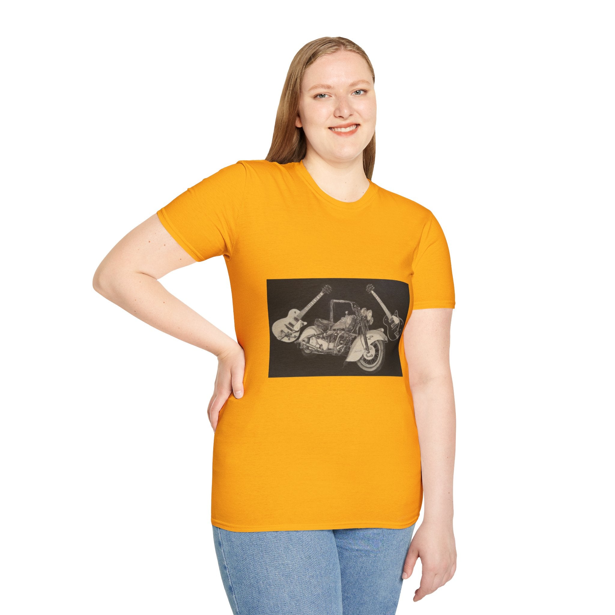 Motorcycle and Music Wall Art  T-Shirt, Indian Roadmaster, Classic Guitars