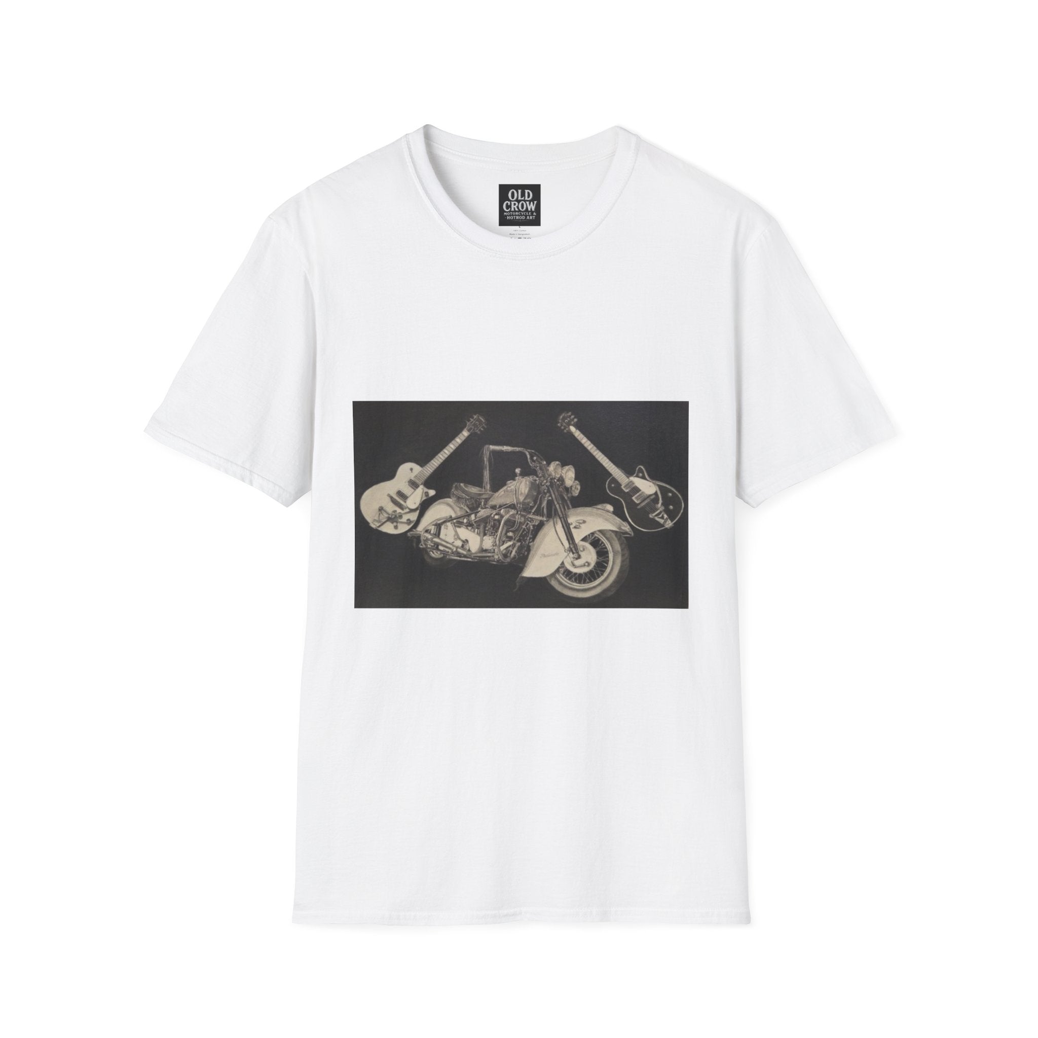 Motorcycle and Music Wall Art  T-Shirt, Indian Roadmaster, Classic Guitars