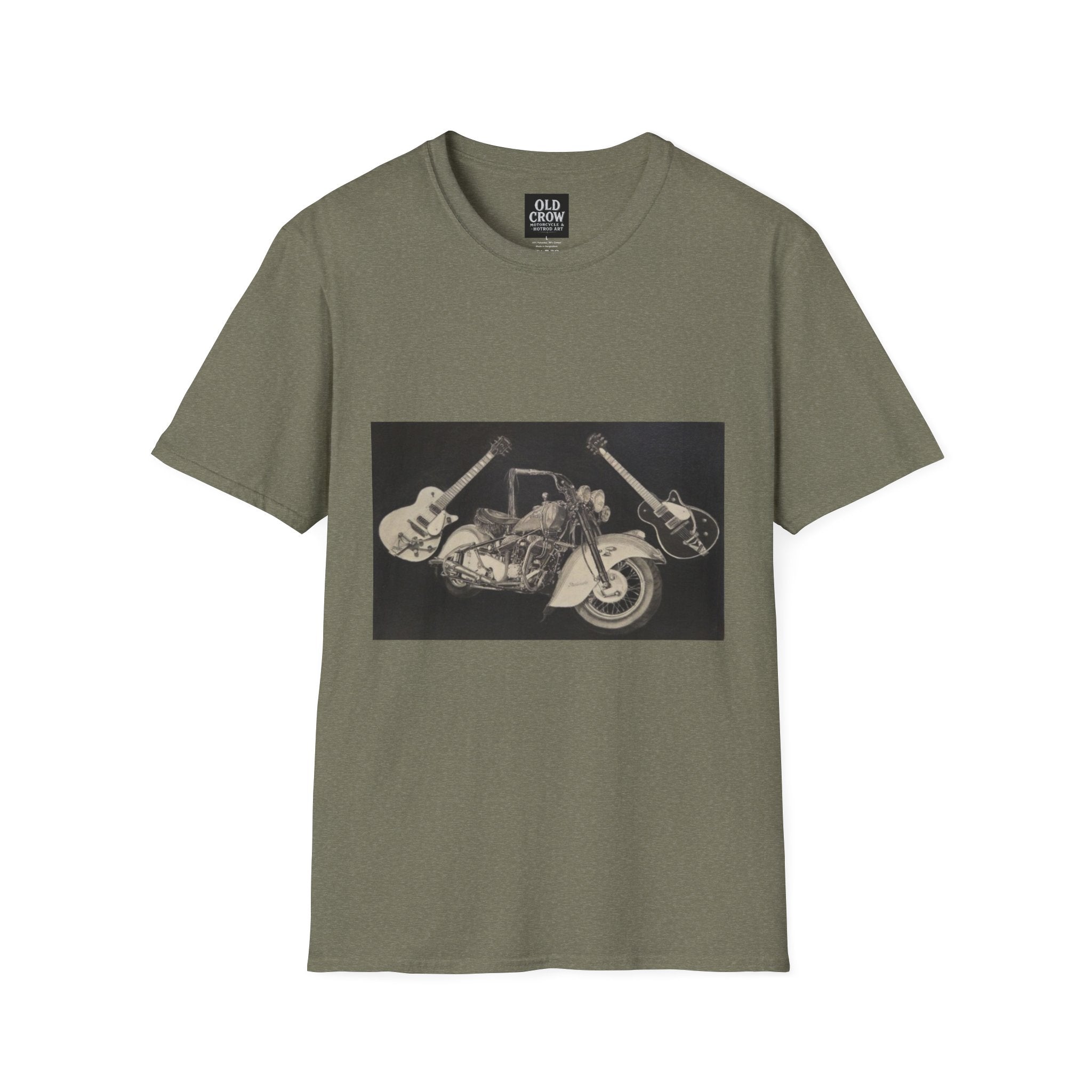 Motorcycle and Music Wall Art  T-Shirt, Indian Roadmaster, Classic Guitars