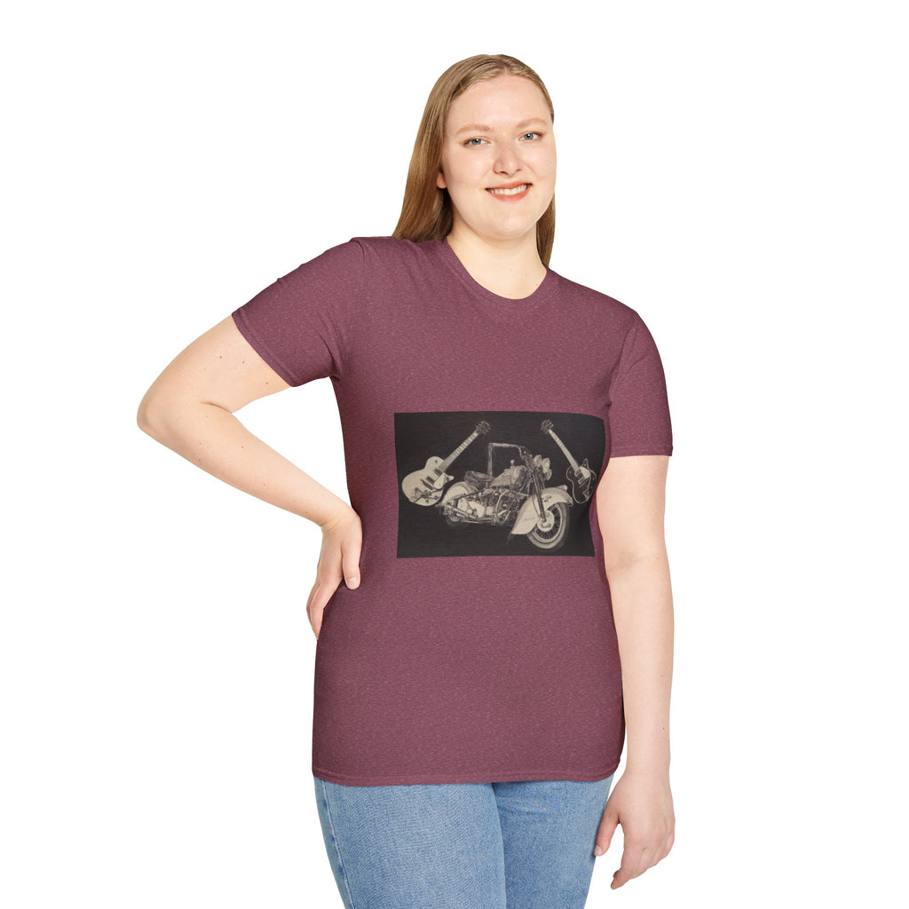 Motorcycle and Music Wall Art  T-Shirt, Indian Roadmaster, Classic Guitars