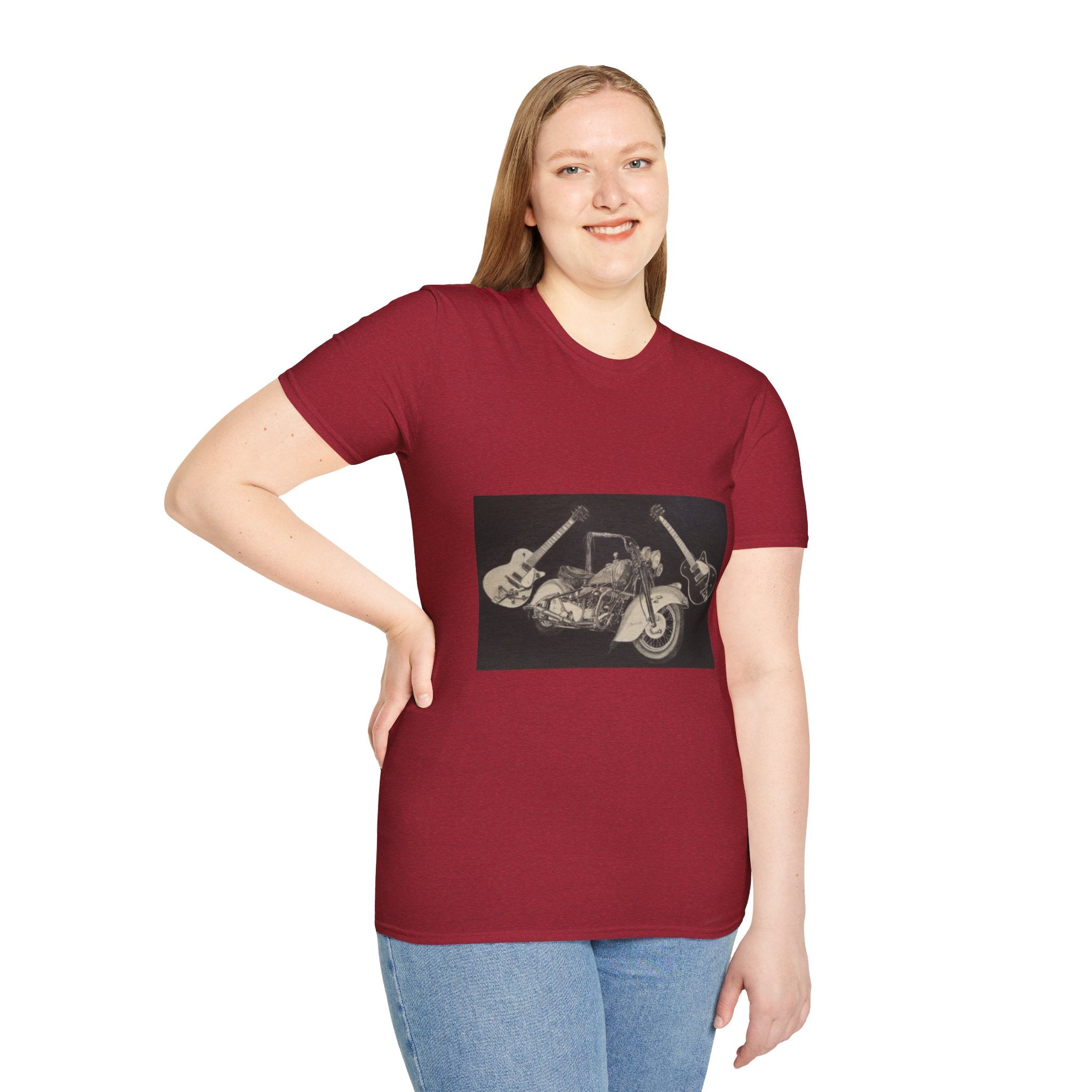 Motorcycle and Music Wall Art  T-Shirt, Indian Roadmaster, Classic Guitars