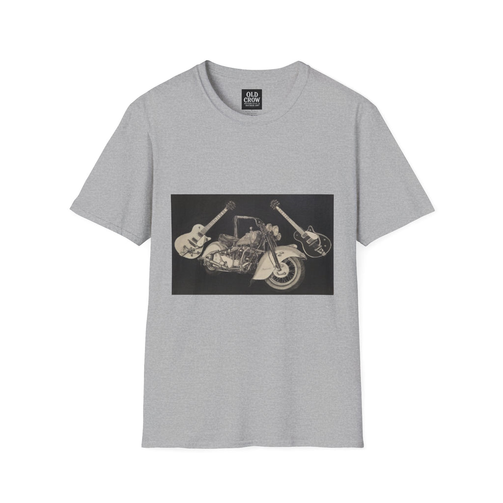 Motorcycle and Music Wall Art  T-Shirt, Indian Roadmaster, Classic Guitars