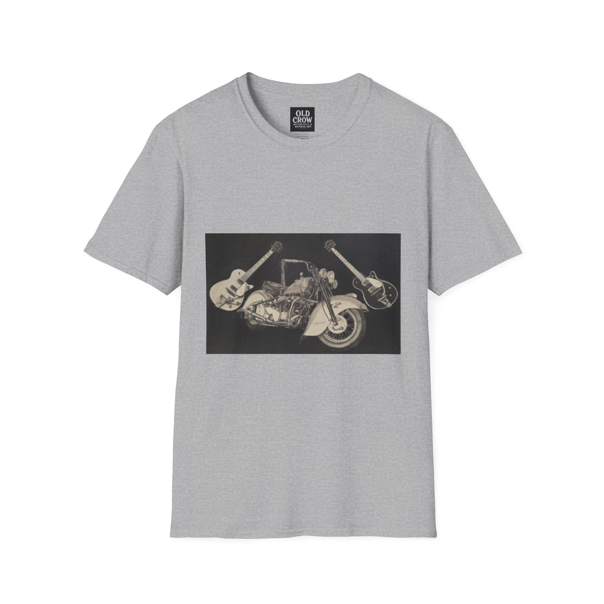 Motorcycle and Music Wall Art  T-Shirt, Indian Roadmaster, Classic Guitars