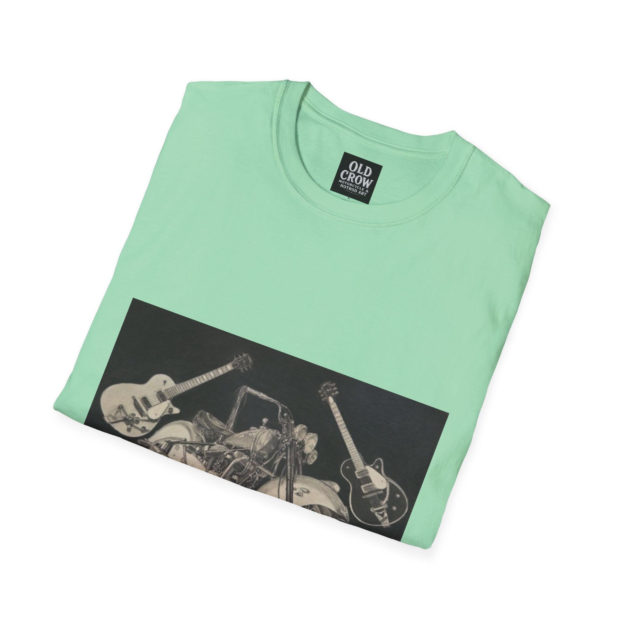 Motorcycle and Music Wall Art  T-Shirt, Indian Roadmaster, Classic Guitars